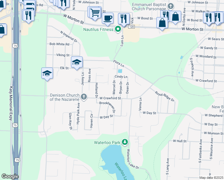 map of restaurants, bars, coffee shops, grocery stores, and more near 529 Marcel Drive in Denison