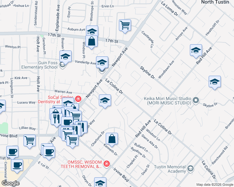 map of restaurants, bars, coffee shops, grocery stores, and more near 12516 Wedgwood Circle in Tustin