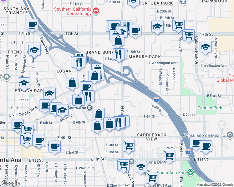 map of restaurants, bars, coffee shops, grocery stores, and more near 1206 Stafford Street in Santa Ana