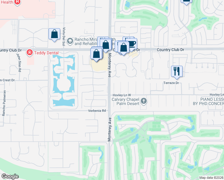 map of restaurants, bars, coffee shops, grocery stores, and more near 40687 Glenwood Lane in Palm Desert