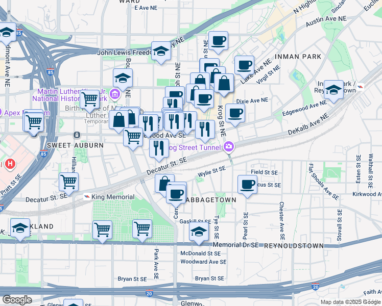 map of restaurants, bars, coffee shops, grocery stores, and more near 45 Cornelia Street Southeast in Atlanta