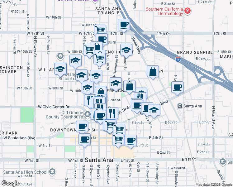 map of restaurants, bars, coffee shops, grocery stores, and more near 925 North Spurgeon Street in Santa Ana