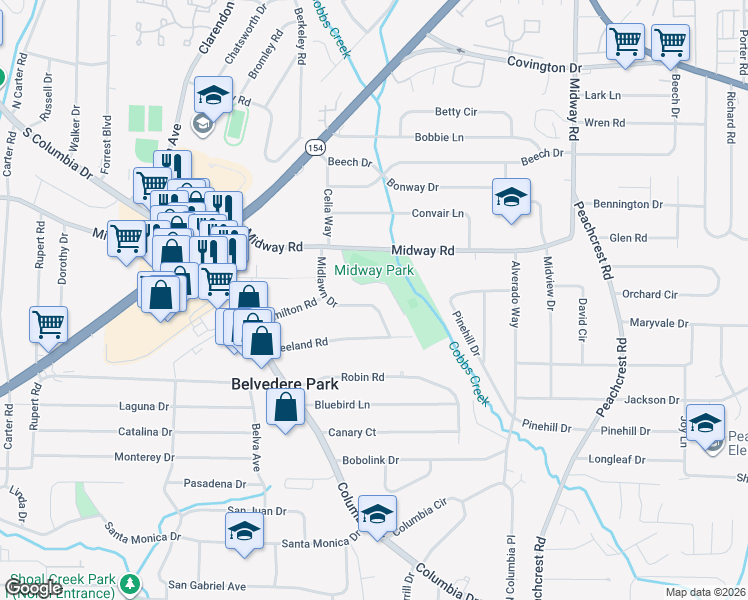 map of restaurants, bars, coffee shops, grocery stores, and more near 1432 Midlawn Drive in Decatur