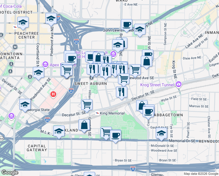 map of restaurants, bars, coffee shops, grocery stores, and more near 422 Gartrell Street Southeast in Atlanta