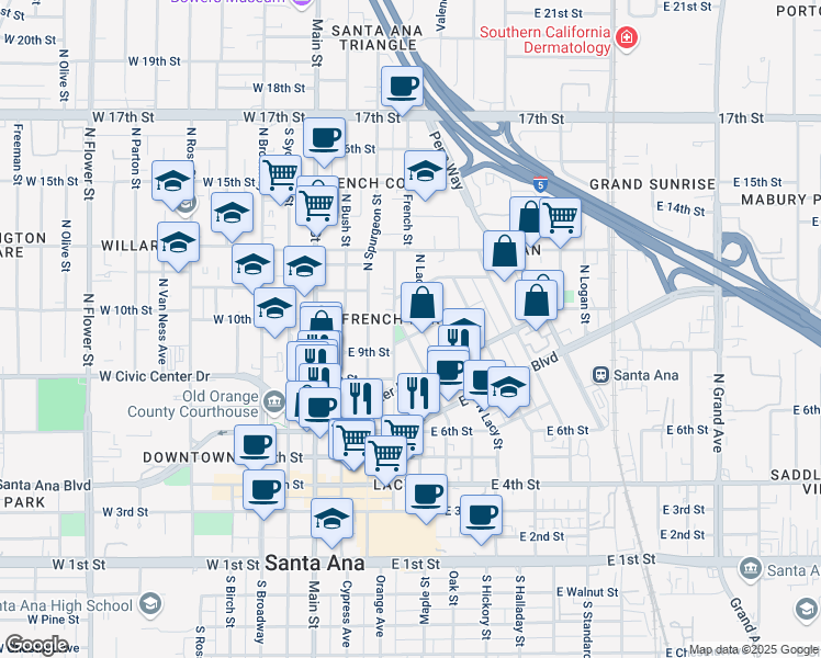 map of restaurants, bars, coffee shops, grocery stores, and more near 905 North Minter Street in Santa Ana