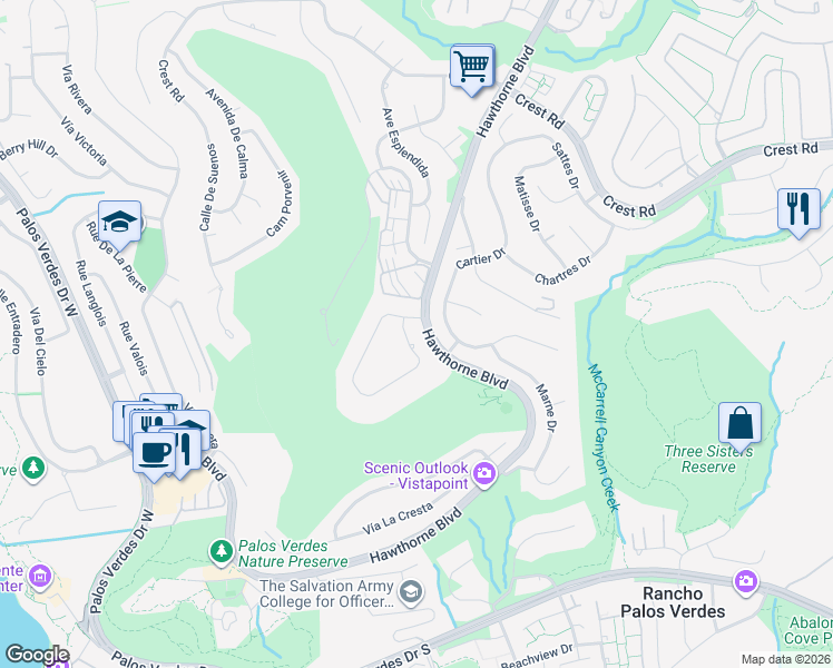 map of restaurants, bars, coffee shops, grocery stores, and more near 6977 Alta Vista Drive in Rancho Palos Verdes