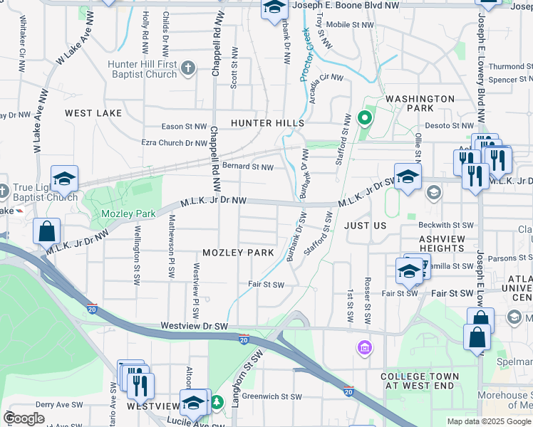 map of restaurants, bars, coffee shops, grocery stores, and more near 1313 Thurgood Street Southwest in Atlanta