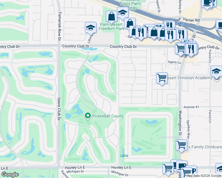 map of restaurants, bars, coffee shops, grocery stores, and more near 40501 Bay Hill Way in Palm Desert
