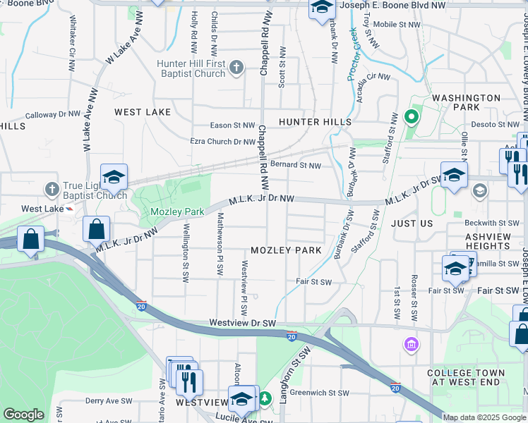 map of restaurants, bars, coffee shops, grocery stores, and more near 79 Chappell Road Southwest in Atlanta