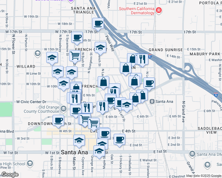 map of restaurants, bars, coffee shops, grocery stores, and more near 825 North Lacy Street in Santa Ana