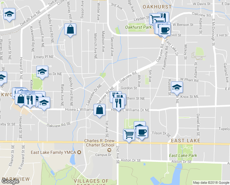 map of restaurants, bars, coffee shops, grocery stores, and more near 619 Second Avenue Northeast in Decatur