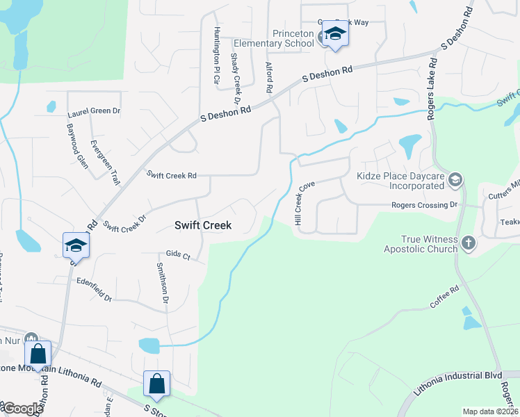 map of restaurants, bars, coffee shops, grocery stores, and more near 6614 Rebecca Lou Lane in Lithonia