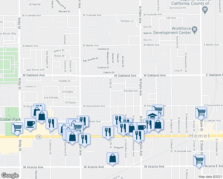 map of restaurants, bars, coffee shops, grocery stores, and more near 412 North Elk Street in Hemet