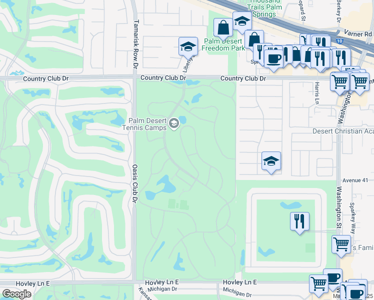 map of restaurants, bars, coffee shops, grocery stores, and more near 40710 La Costa Circle West in Palm Desert