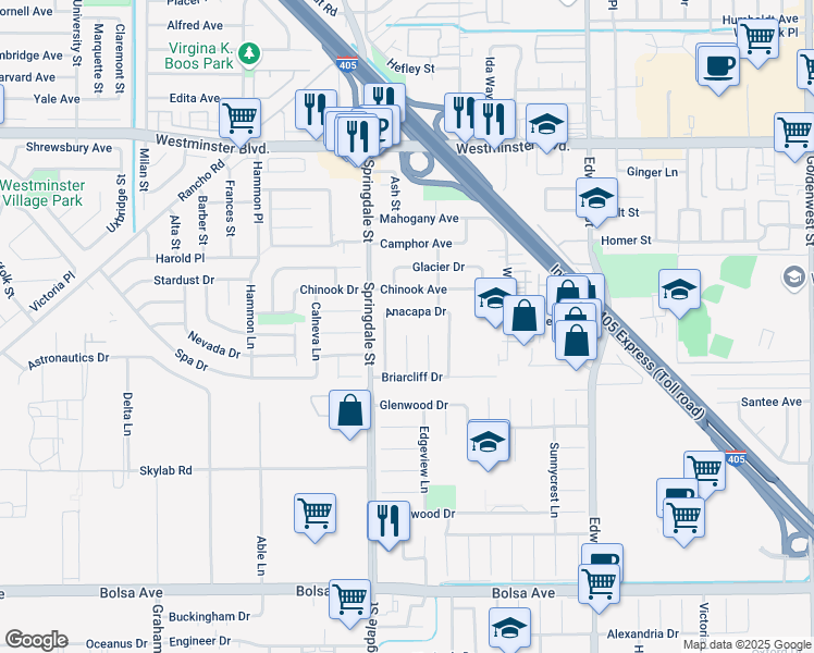 map of restaurants, bars, coffee shops, grocery stores, and more near 14391 Danes Circle in Huntington Beach