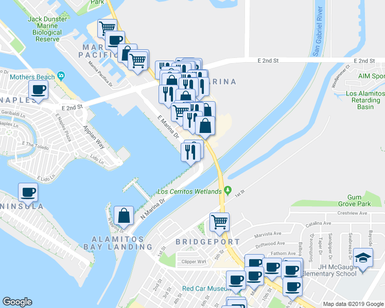 map of restaurants, bars, coffee shops, grocery stores, and more near 6584 East Marina Drive in Long Beach