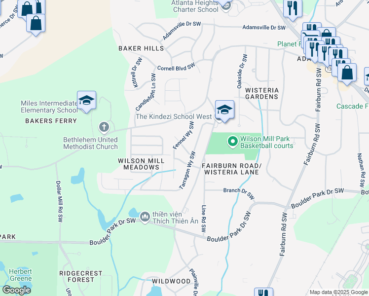 map of restaurants, bars, coffee shops, grocery stores, and more near Fennel Circle Southwest in Atlanta
