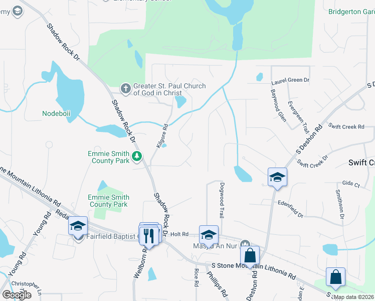 map of restaurants, bars, coffee shops, grocery stores, and more near 5990 Valley Green Road in Lithonia