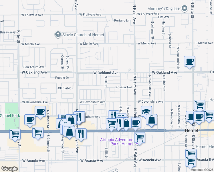 map of restaurants, bars, coffee shops, grocery stores, and more near 1290 Rosalia Avenue in Hemet