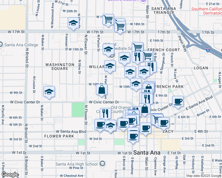 map of restaurants, bars, coffee shops, grocery stores, and more near 840 North Ross Street in Santa Ana