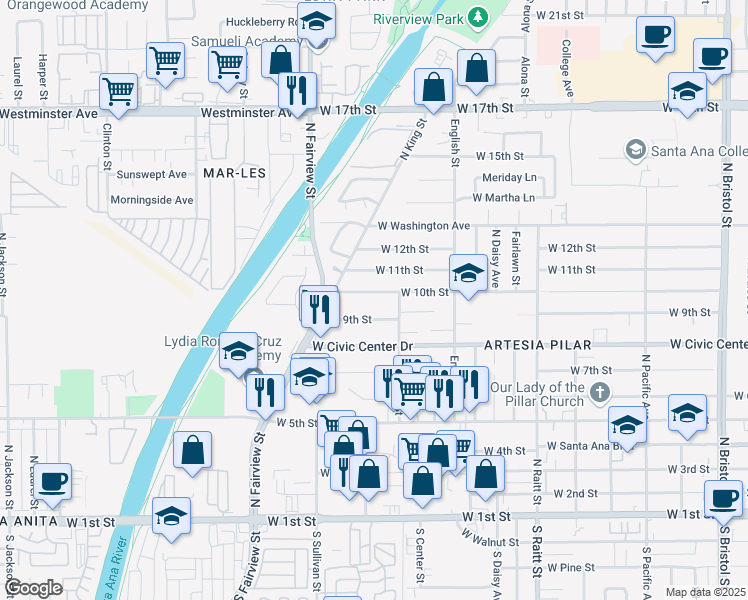 map of restaurants, bars, coffee shops, grocery stores, and more near 2122 West 10th Street in Santa Ana