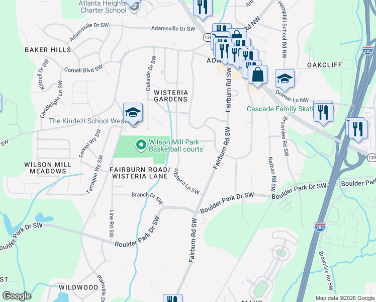 map of restaurants, bars, coffee shops, grocery stores, and more near 3789 Brook Way Southwest in Atlanta
