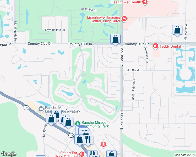 map of restaurants, bars, coffee shops, grocery stores, and more near 12 Granada Drive in Rancho Mirage
