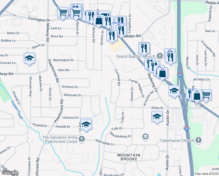 map of restaurants, bars, coffee shops, grocery stores, and more near 3558 Turner Heights Drive in Decatur