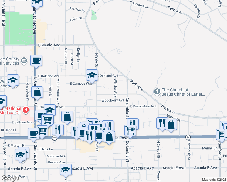 map of restaurants, bars, coffee shops, grocery stores, and more near 391 Whicha Way in Hemet