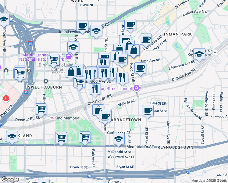 map of restaurants, bars, coffee shops, grocery stores, and more near 45 Cornelia Street Southeast in Atlanta