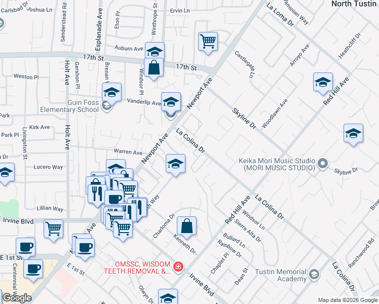 map of restaurants, bars, coffee shops, grocery stores, and more near 12544 Cay Street in Tustin