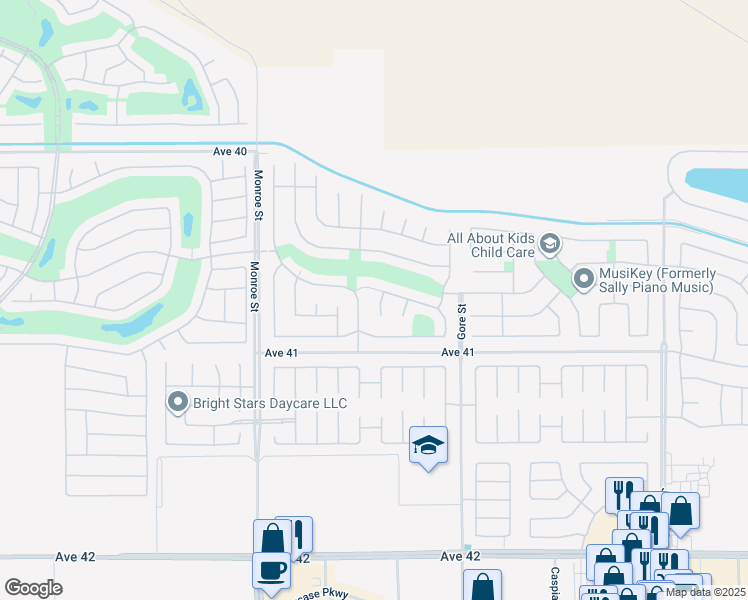 map of restaurants, bars, coffee shops, grocery stores, and more near 40745 Fortunato Court in Indio