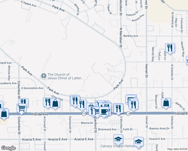 map of restaurants, bars, coffee shops, grocery stores, and more near 300 Anderson Drive in Hemet