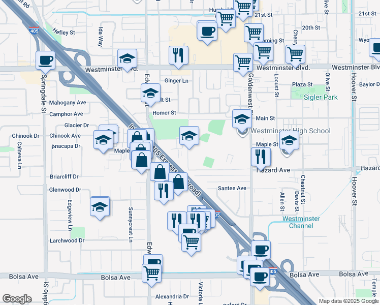 map of restaurants, bars, coffee shops, grocery stores, and more near 14325 Goldenwest Street in Westminster