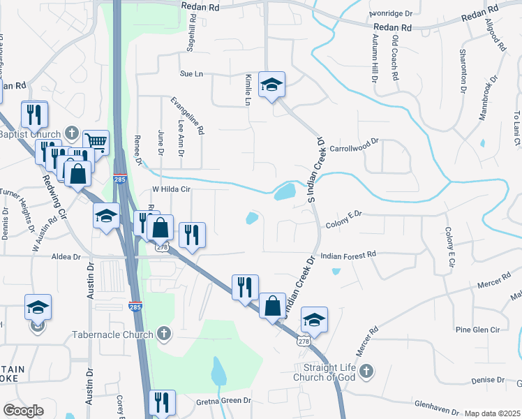 map of restaurants, bars, coffee shops, grocery stores, and more near 4050 Indian Creek Circle in Stone Mountain