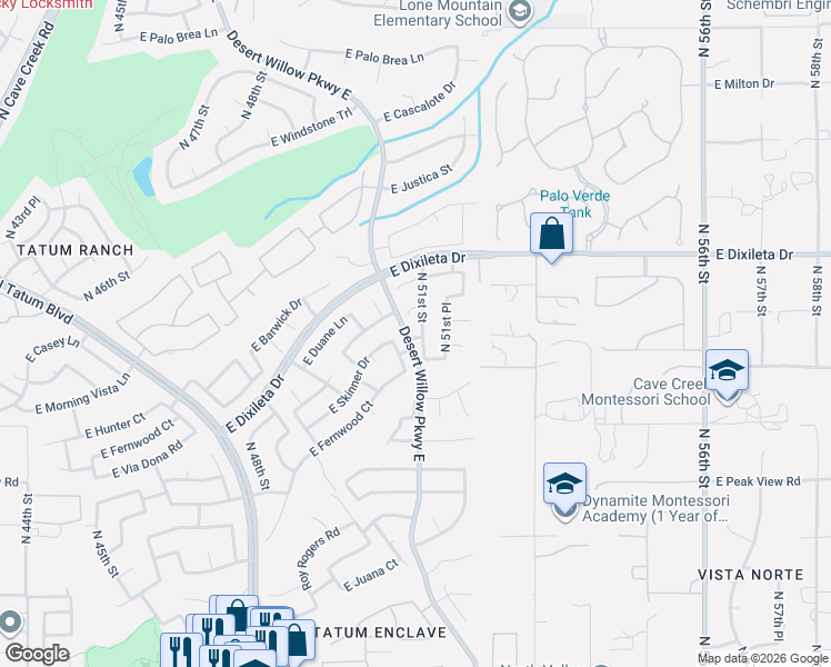 map of restaurants, bars, coffee shops, grocery stores, and more near 29424 North 51st Street in Cave Creek