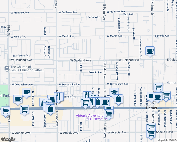 map of restaurants, bars, coffee shops, grocery stores, and more near 1170 Rosalia Avenue in Hemet