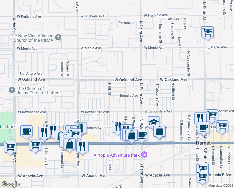 map of restaurants, bars, coffee shops, grocery stores, and more near 1170 Rosalia Avenue in Hemet