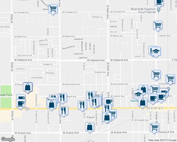 map of restaurants, bars, coffee shops, grocery stores, and more near 1170 Rosalia Avenue in Hemet