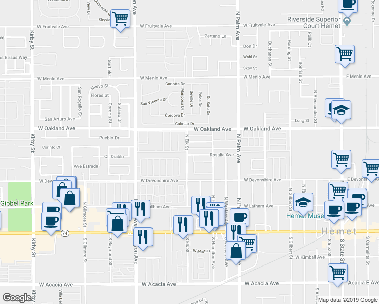 map of restaurants, bars, coffee shops, grocery stores, and more near 412 North Elk Street in Hemet