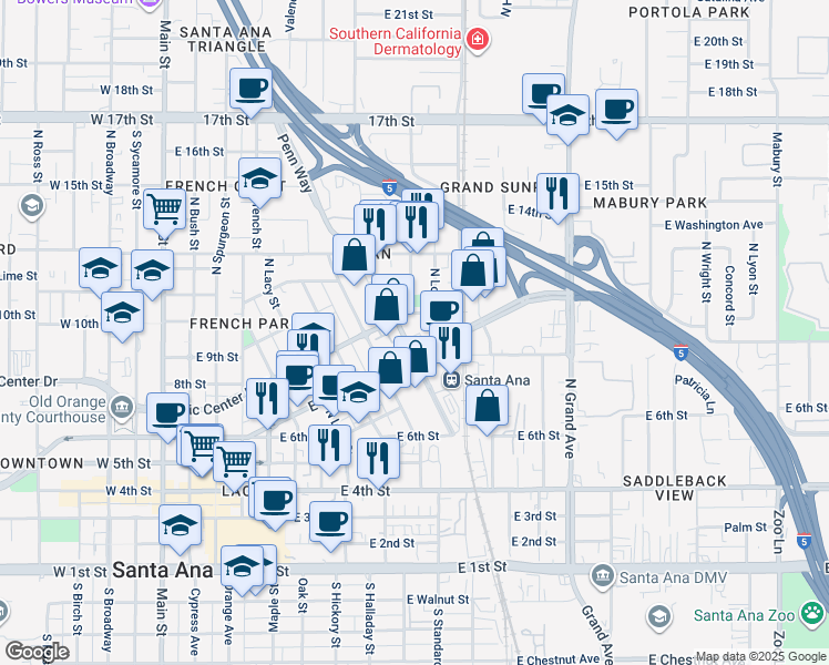 map of restaurants, bars, coffee shops, grocery stores, and more near 921 North Santiago Street in Santa Ana
