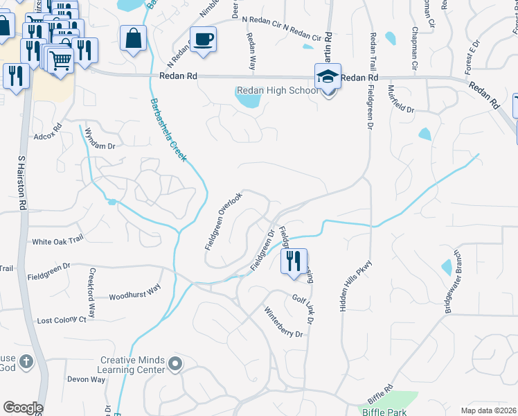 map of restaurants, bars, coffee shops, grocery stores, and more near 5090 Fieldgreen Crossing in Stone Mountain
