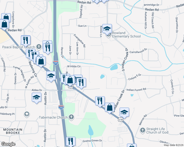 map of restaurants, bars, coffee shops, grocery stores, and more near 3991 Phylis Place in Decatur