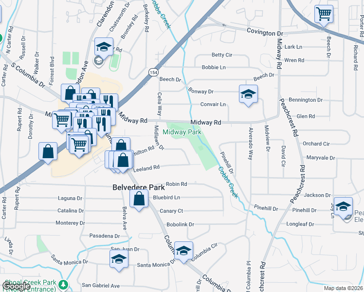 map of restaurants, bars, coffee shops, grocery stores, and more near 1432 Midlawn Drive in Decatur