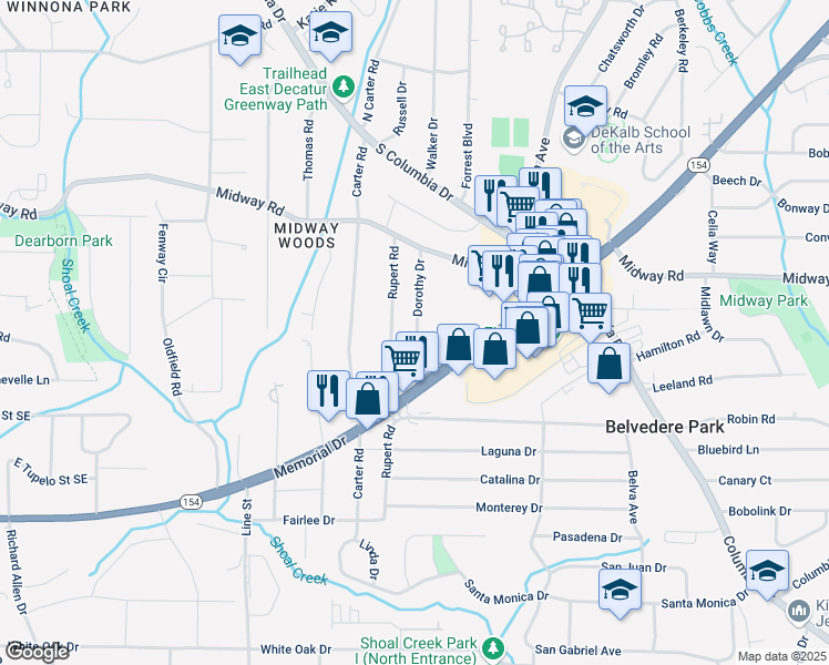 map of restaurants, bars, coffee shops, grocery stores, and more near 1377 Dorothy Drive in Decatur
