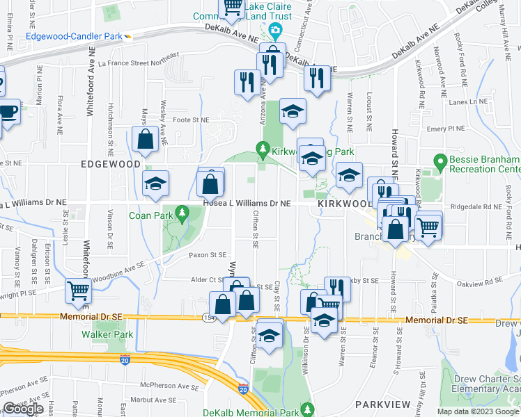 map of restaurants, bars, coffee shops, grocery stores, and more near 16 Clifton Street Southeast in Atlanta