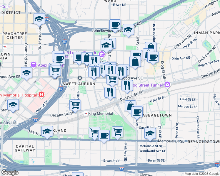 map of restaurants, bars, coffee shops, grocery stores, and more near 49 Boulevard Southeast in Atlanta