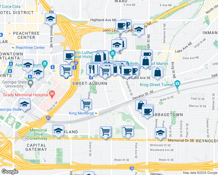 map of restaurants, bars, coffee shops, grocery stores, and more near 422 Gartrell Street Southeast in Atlanta