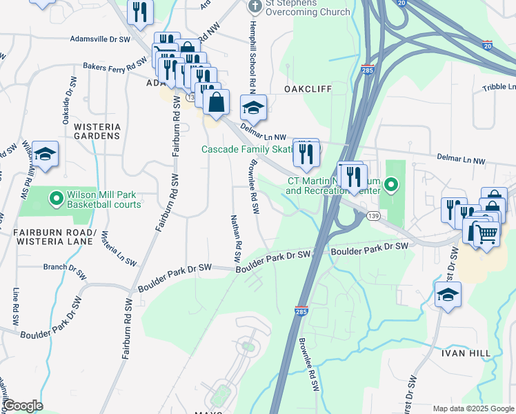 map of restaurants, bars, coffee shops, grocery stores, and more near 137 Brownlee Road Southwest in Atlanta