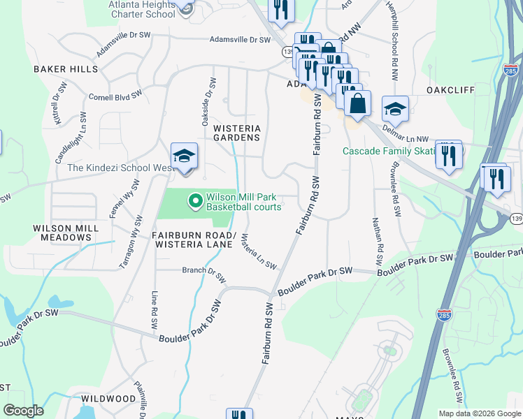map of restaurants, bars, coffee shops, grocery stores, and more near 3789 Brook Way Southwest in Atlanta